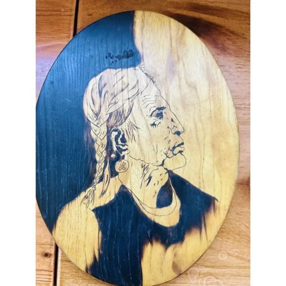 Artisan Hand Made Wood Burned Native American Wall Plaque 1976‎ VTG See Photos